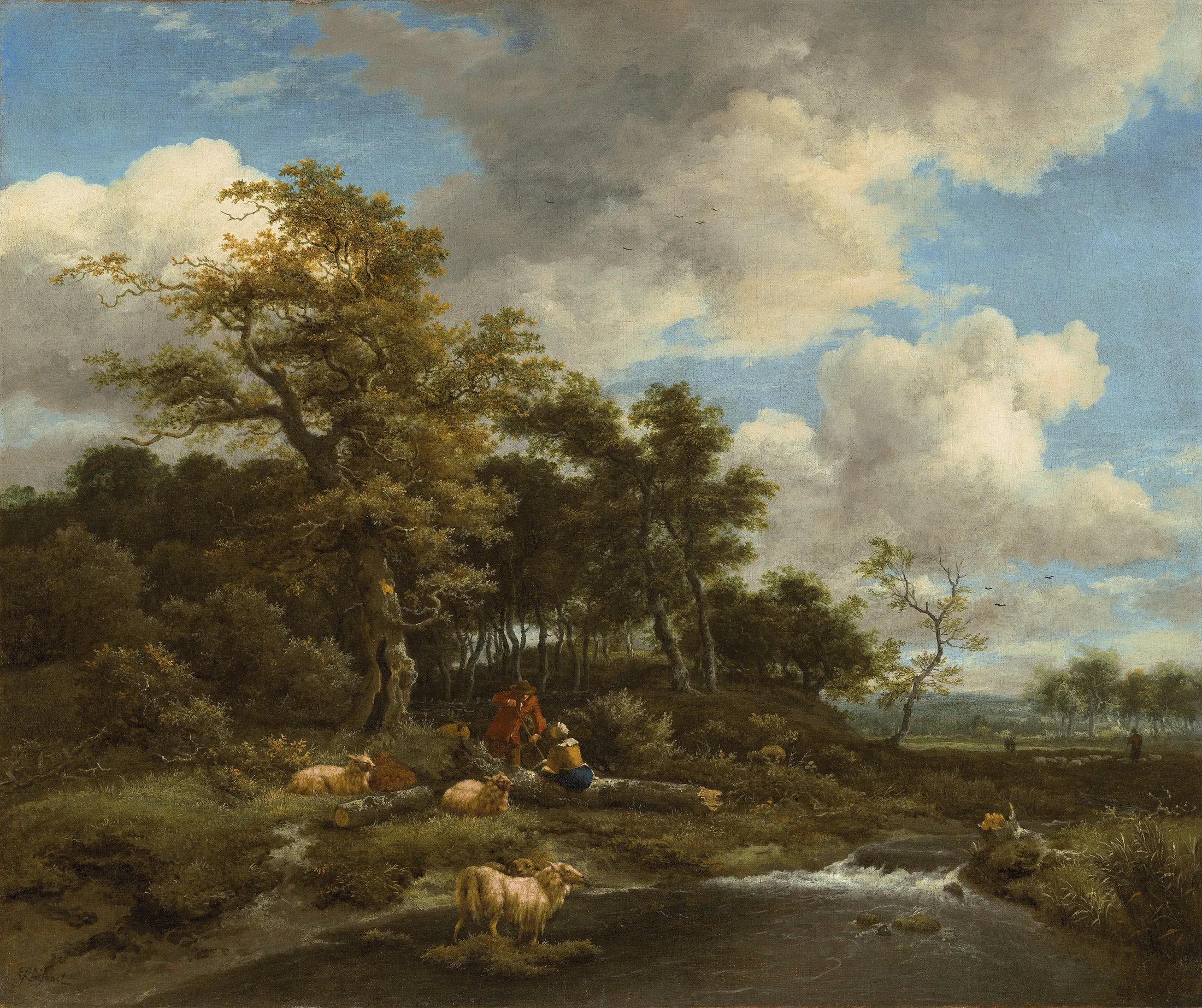 Paysage boisé avec un ruisseau, un étang, un berger et une bergère - Adriaen van de Velde image 1 reproduction artisanale de tableau
