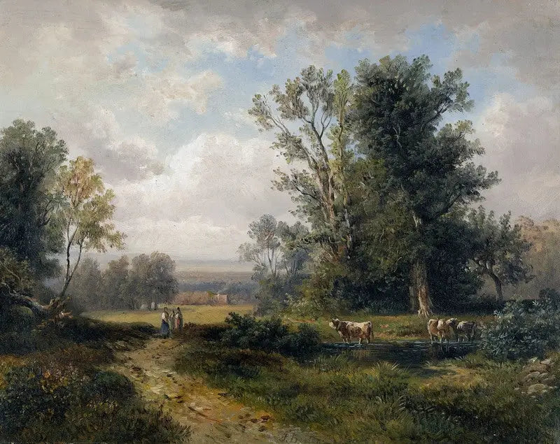 Paysage d'été avec des femmes paysannes et des vaches - Jules Breton image 1 copie de tableau peinte à la main