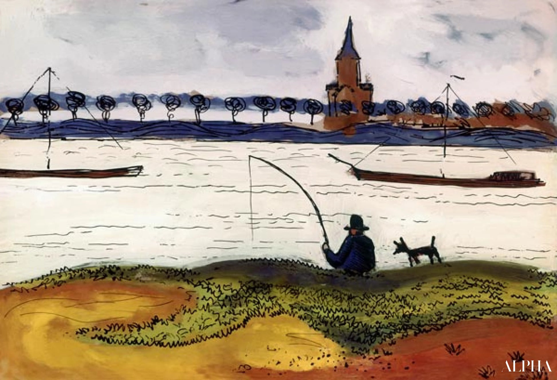 川の風景と漁師たち - August Macke - 高級絵画および絵画の複製