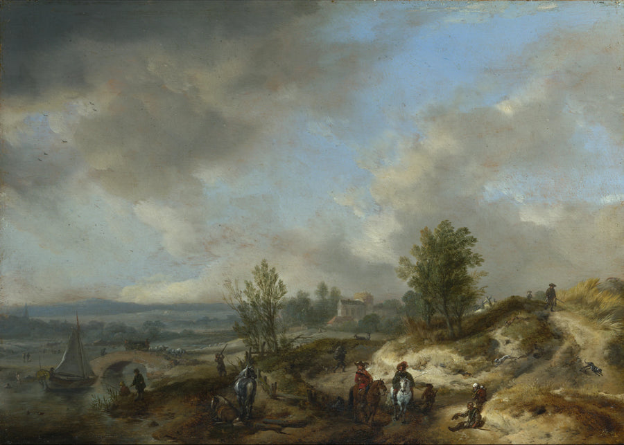 Un paysage de dunes avec une rivière et de nombreux personnages - Philips Wouwerman