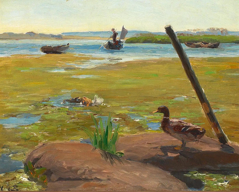 ヨールン近くの風景とアヒル。背景には、男がパントをしています。 - H. A. ブレンデキルデ

Source:
Paysage près de Jyllinge avec un canard. À l'arrière-plan, un homme fait du punting. - H. A. Brendekilde