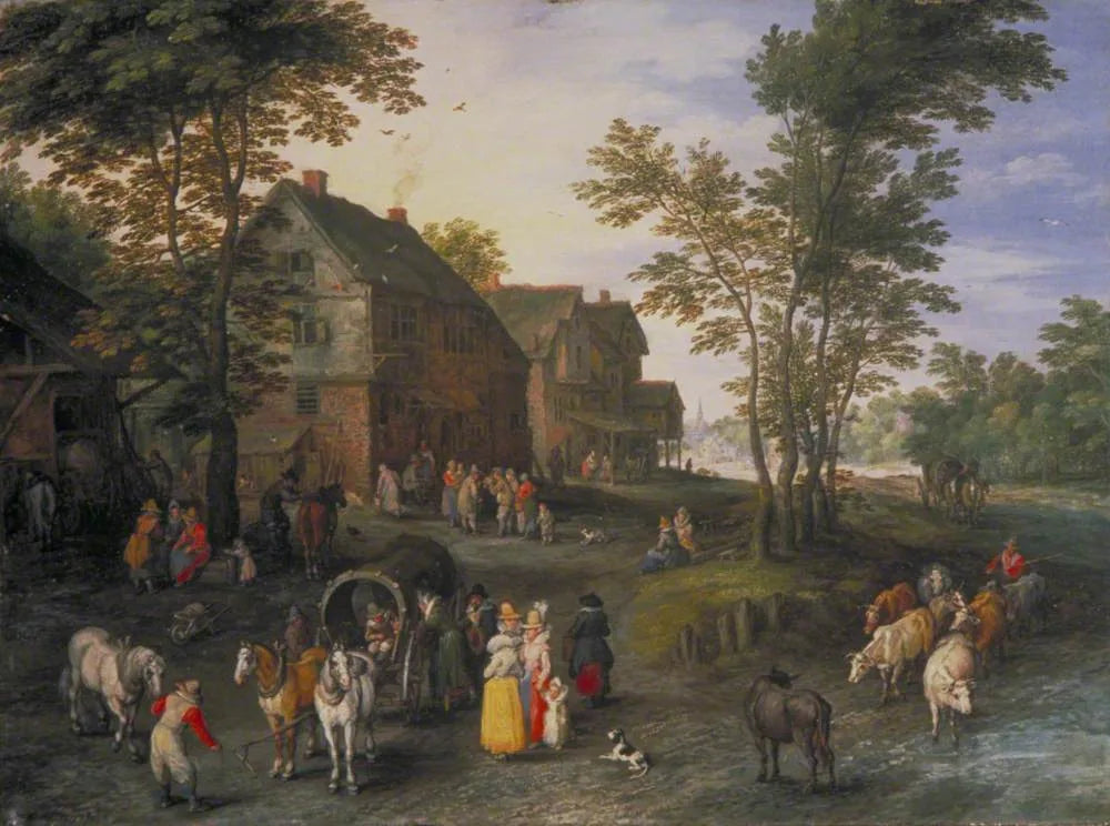 Paysage villageois avec des personnages se préparant à partir - Jan Brueghel l'Ancien image 1 reproduction de peinture à l’huile
