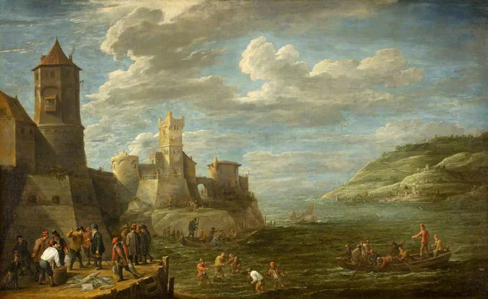 Pêcheurs sur un quai - David Teniers le Jeune image 1 reproduction artisanale de tableau