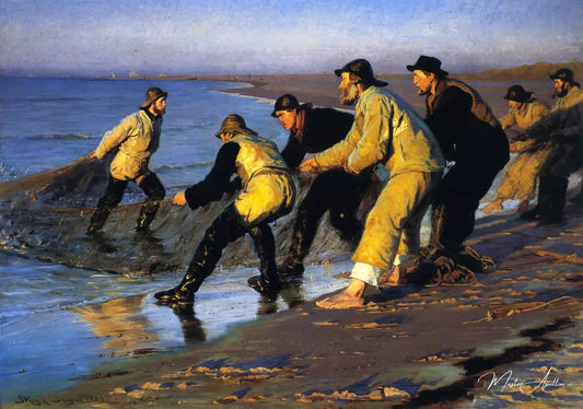 Pêcheurs tirant le filet sur la plage nord de Skagen - Peder Severin Kroyer - Reproductions de tableaux et peintures haut de gamme