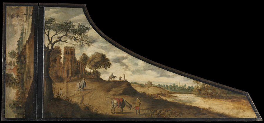 Peinture sur couvercle de clavecin représentant un paysage vallonné et des voyageurs - Artiste inconnu du Rijksmuseum