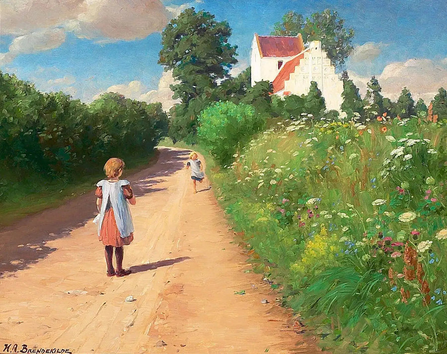 ブレンデキルデの教会の前で遊ぶ小さな女の子たち、暑い夏の日に - H. A. ブレンデキルデ

Source:
Petites filles jouant devant l'église de Brændekilde par une chaude journée d'été. - H. A. Brendekilde