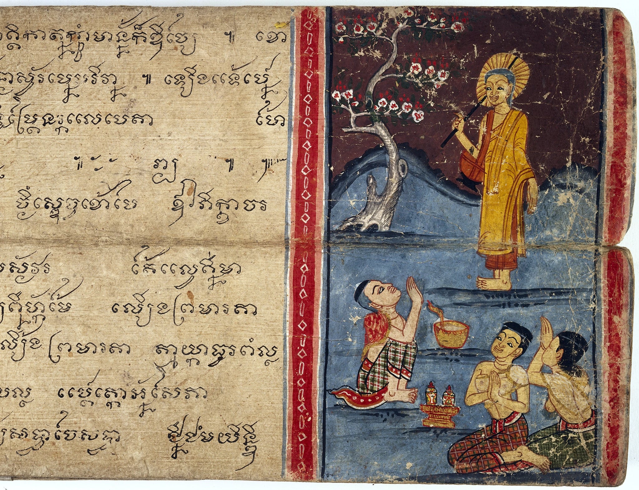 Phra Malai reçoit les offrandes des laïcs, Artiste thaïlandais anonyme, XIXe siècle