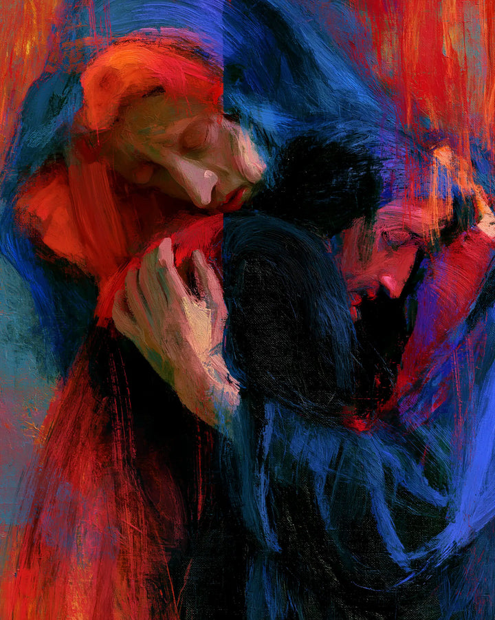 Pietà expressionniste rapprochée rouge et bleue — Peinture à l’huile sur commande