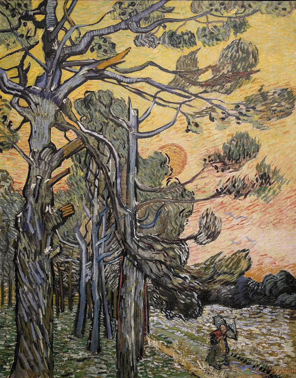 Pins contre un ciel rouge avec soleil couchant - Vincent van Gogh image 1 reproduction réalisée par Alpha Reproduction