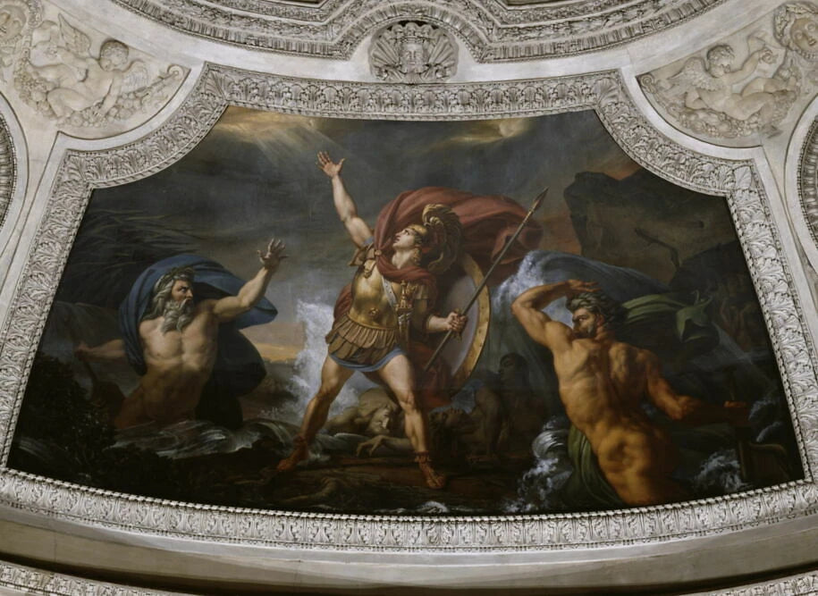 Plafond : L'Eau. Achille près d'être englouti par le Xanthe et le Simoïs, irrités du carnage qu'il a fait des Troyens. - Auguste Couder