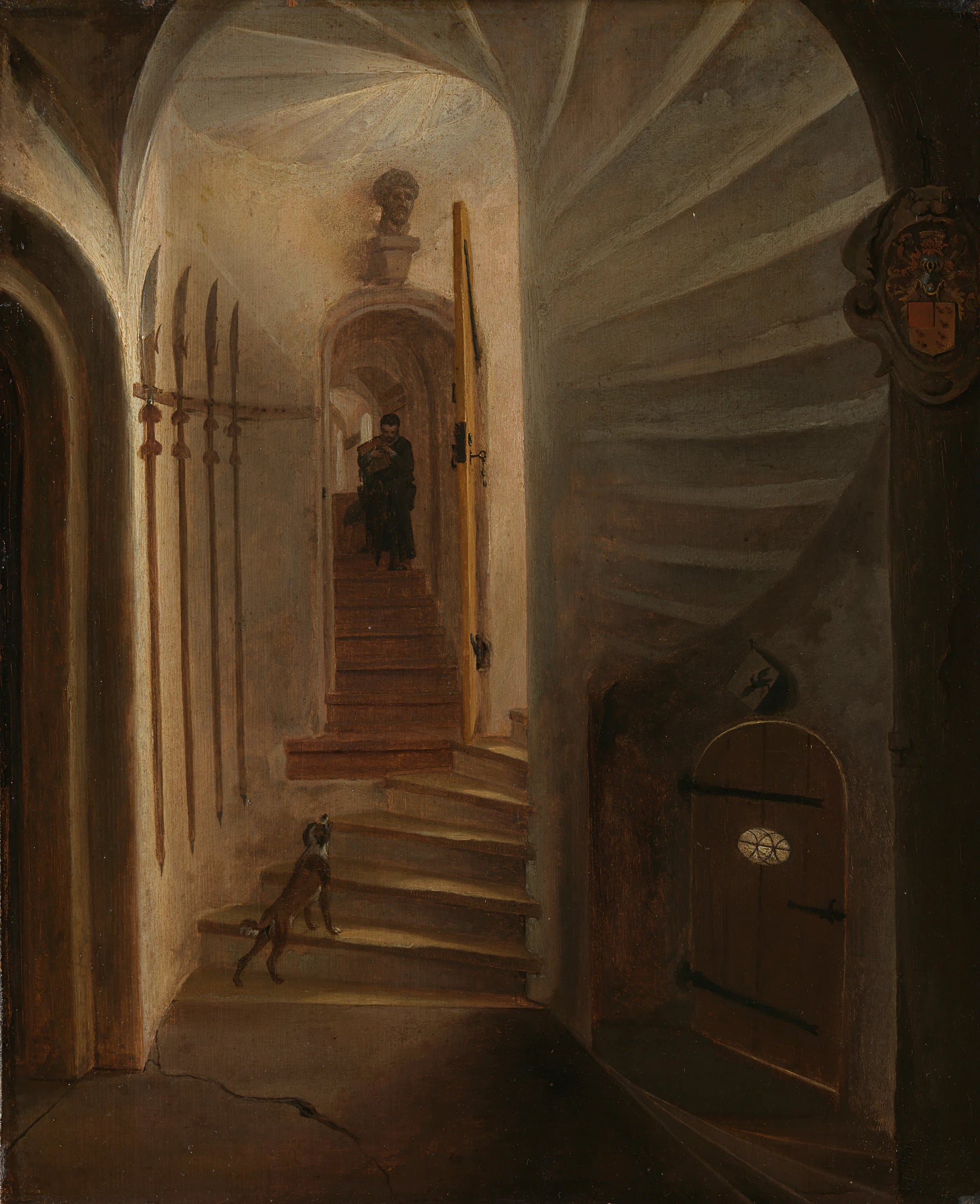 Portail dans une tour d'escalier avec un homme descendant, probablement la situation juste avant l'attaque du prince Willem I au Prinsenhof à Delft - Egbert van der Poel