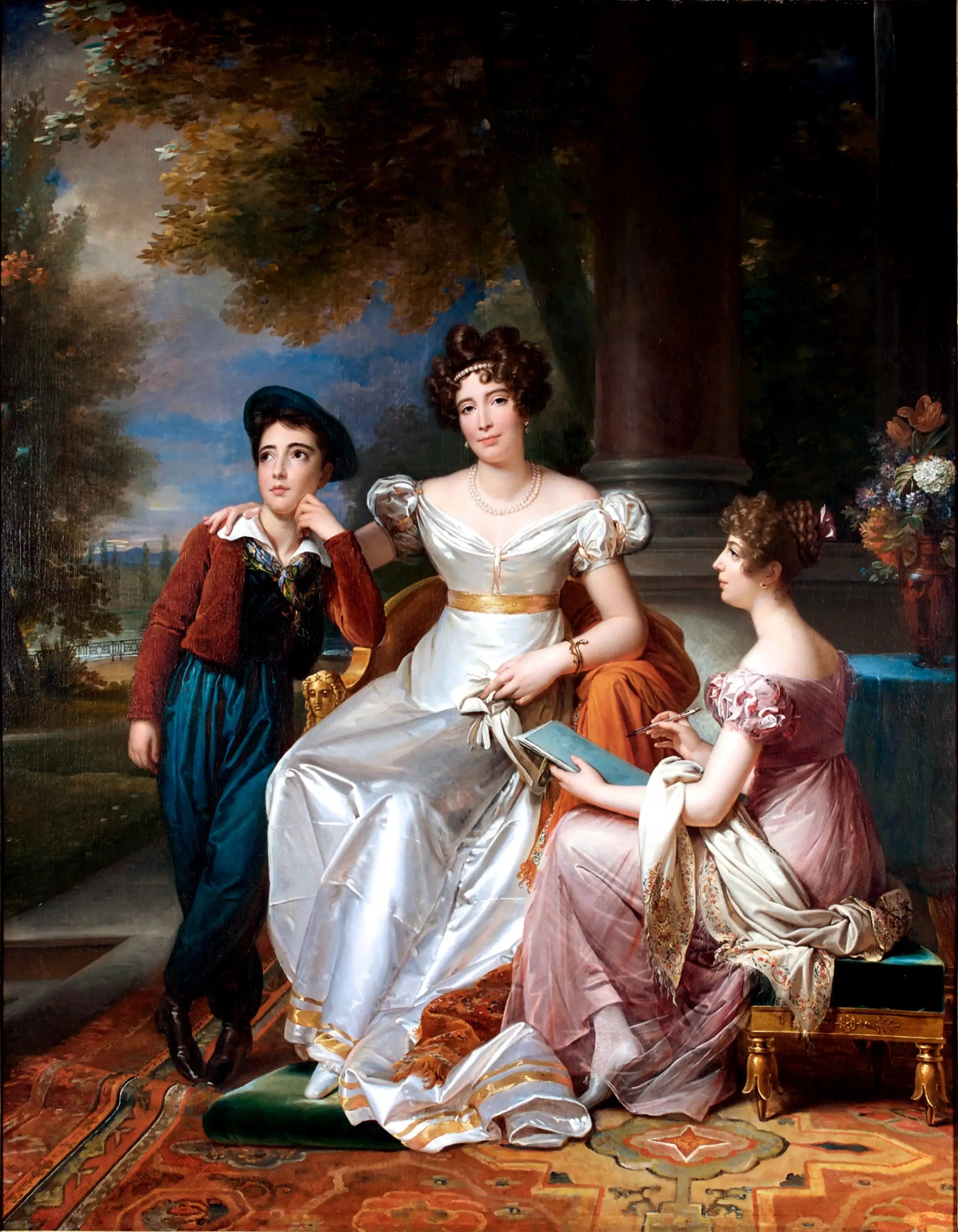 Portrait de la comtesse du Cayla avec ses enfants Ugoline et Ugolin sur la terrasse du château de Saint-Ouen