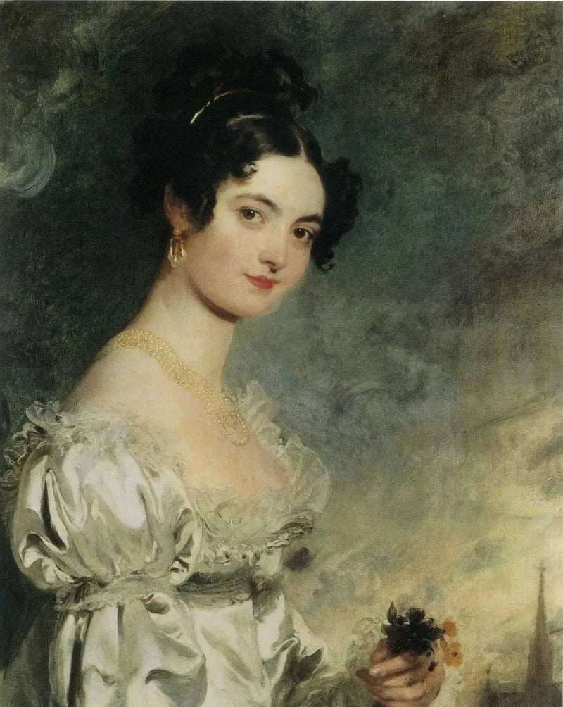 レディ・セリナ・ミード（1797–1872）の半身肖像画、アイボリーサテンのドレスを着て、ウィーンのサン・エティエンヌ大聖堂の矢を背景に - トーマス・ローレンス