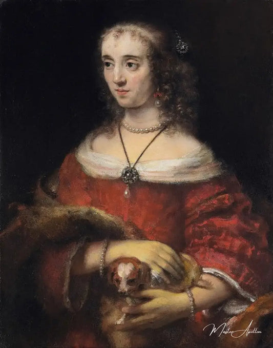 Portrait d'une dame avec un chien de salon - Rembrandt van Rijn - Reproductions de tableaux et peintures haut de gamme