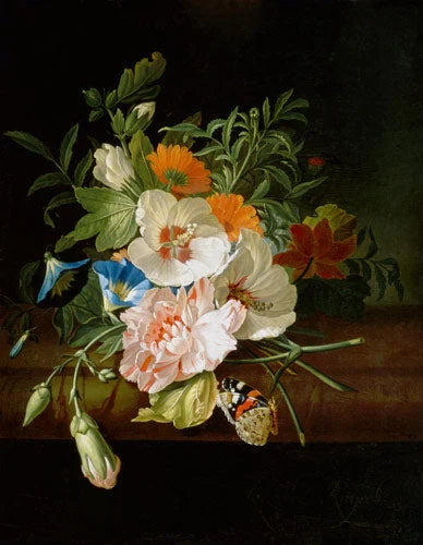 Fleurs et papillons sur une banquette de pierre, peinture de Rachel Ruysch