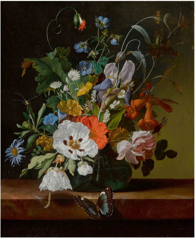 Fleurs dans un vase avec libellule, chenille et papillon - Rachel Ruysch