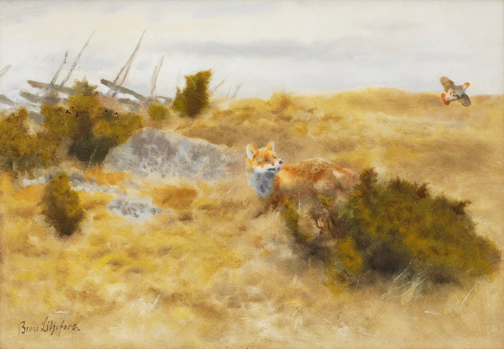 Renard et perdrix grise - Bruno Liljefors image 1 reproduction de peinture à l’huile