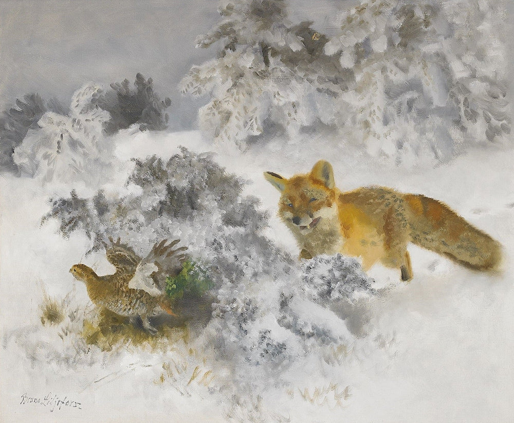 Renard et poule tétras lyre dans un paysage hivernal - Bruno Liljefors image 1 reproduction artisanale de tableau