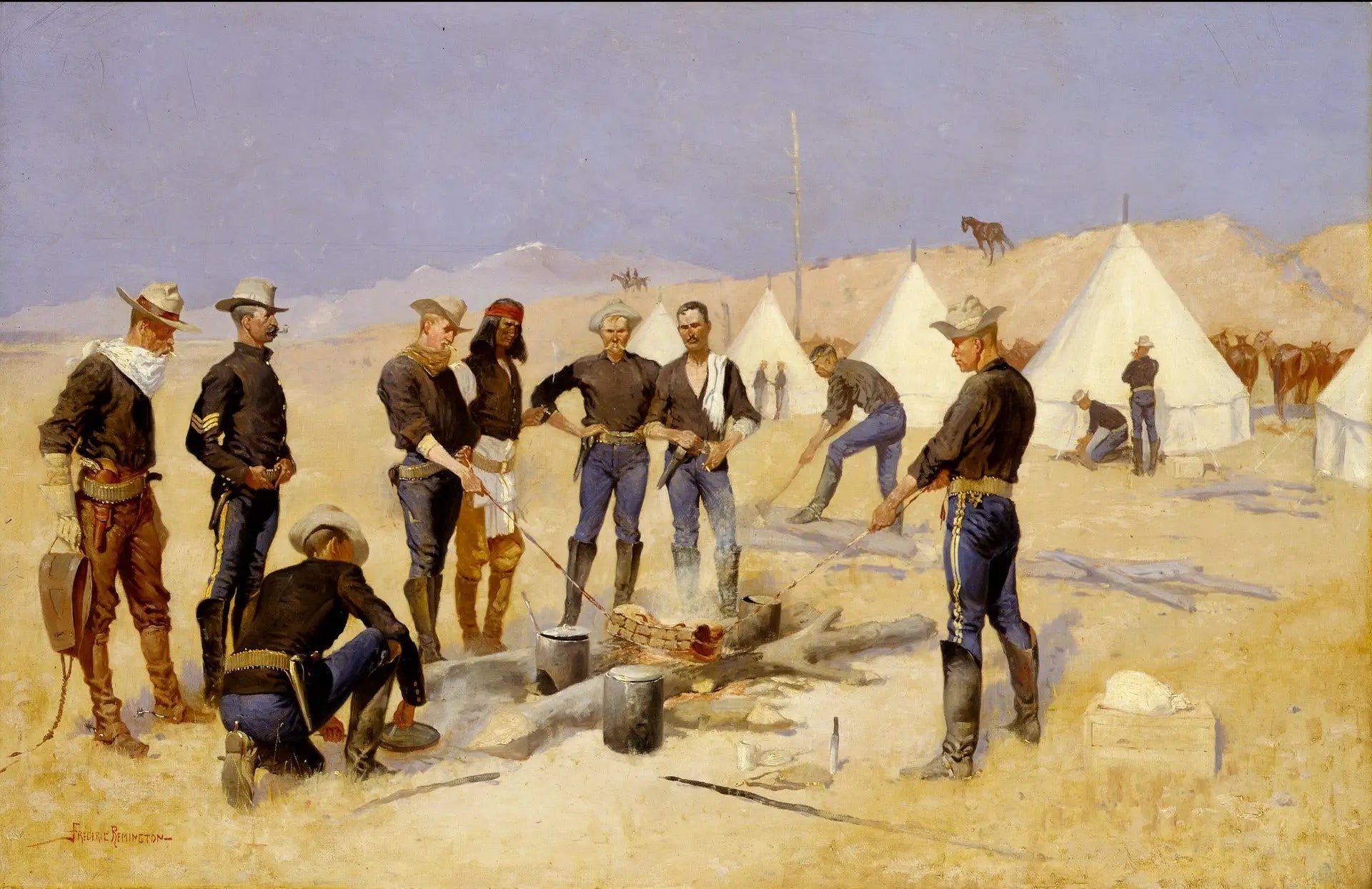 Rôtir le bœuf de Noël dans un camp de cavalerie - Frederic Remington image 1 copie de tableau peinte à la main