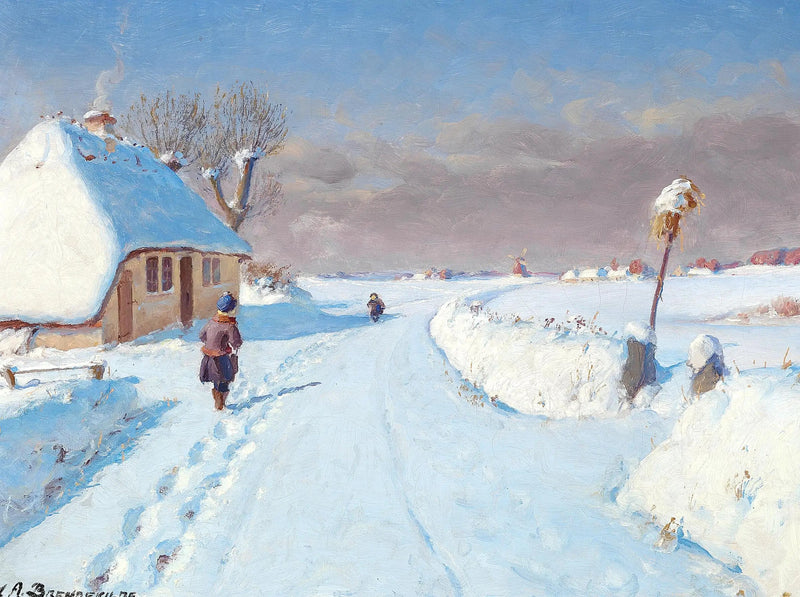 村の境界線にある日当たりの良い道、冬（32 x 42 cm） - H. A. Brendekilde

Source:
Route ensoleillée à la lisière d'un village, hiver (32 x 42 cm). - H. A. Brendekilde