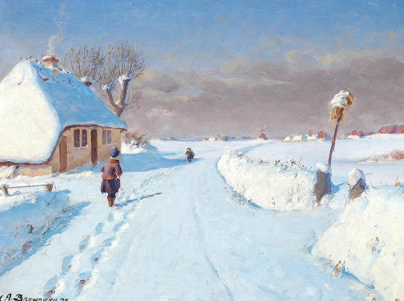 村の境界線にある日当たりの良い道、冬（32 x 42 cm） - H. A. Brendekilde

Source:
Route ensoleillée à la lisière d'un village, hiver (32 x 42 cm). - H. A. Brendekilde