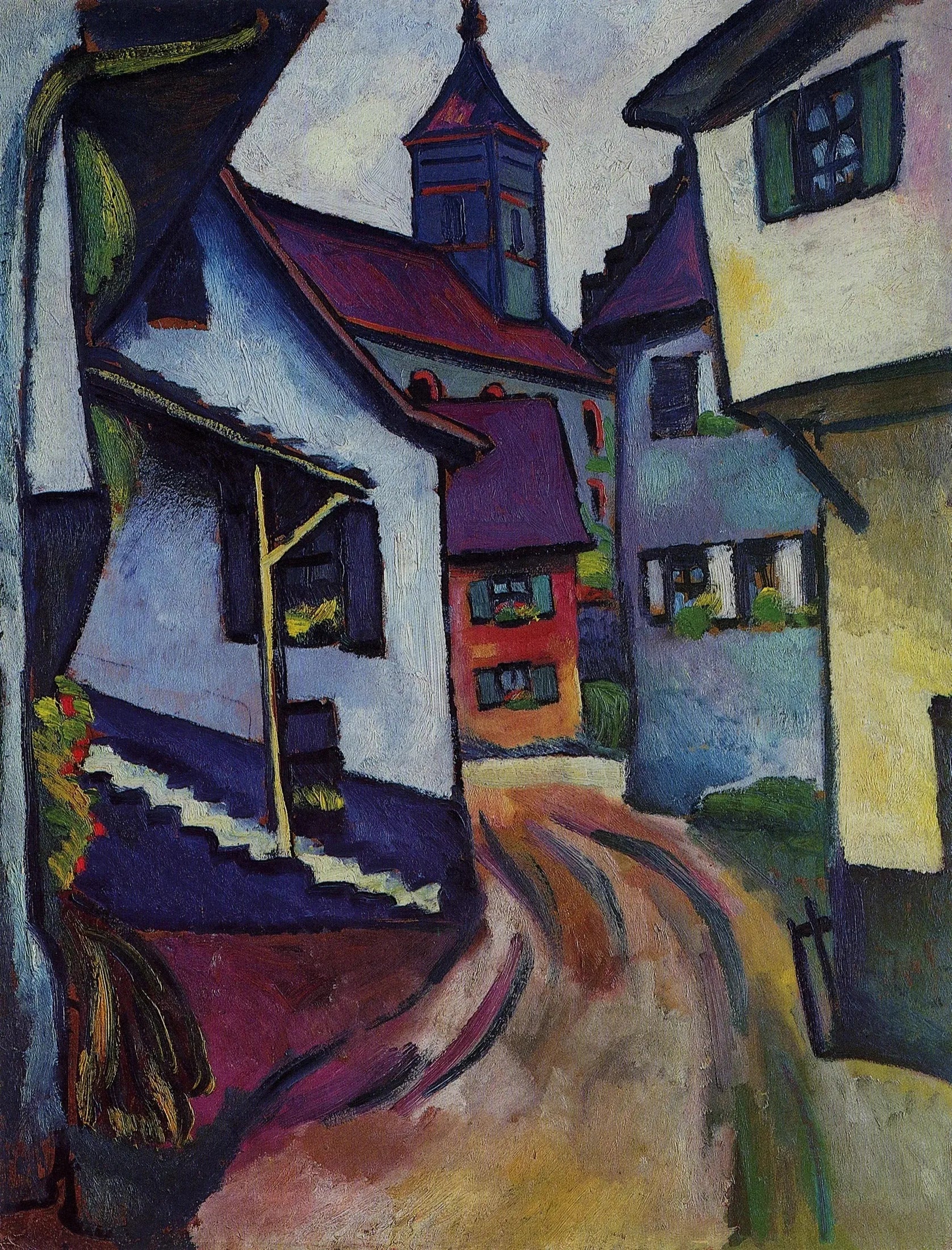 Rue avec église à Kandern - August Macke image 1 reproduction de peinture à l’huile