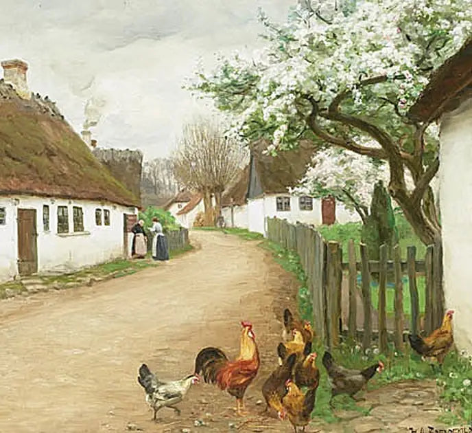 鶏と二人の女性が話している村の通り

Source:
Rue du village avec des poules et deux femmes qui discutent. - H. A. Brendekilde