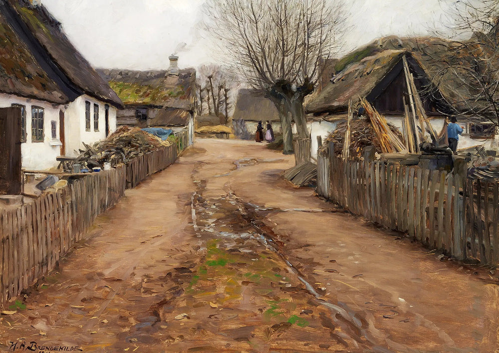 Scène de village au début du printemps. - H. A. Brendekilde image 1 copie peinte à la main à l’huile
