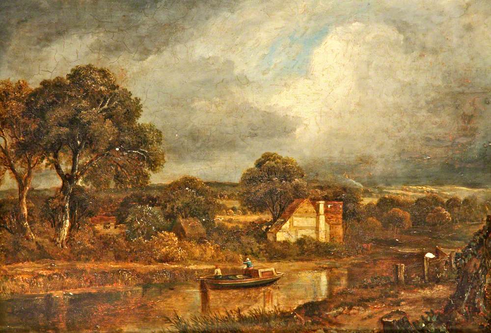 ジョン・コンスタブルによる川辺の風景画、貨物船とコテージの風景

Source:
Scène fluviale avec une péniche et des chalets - John Constable