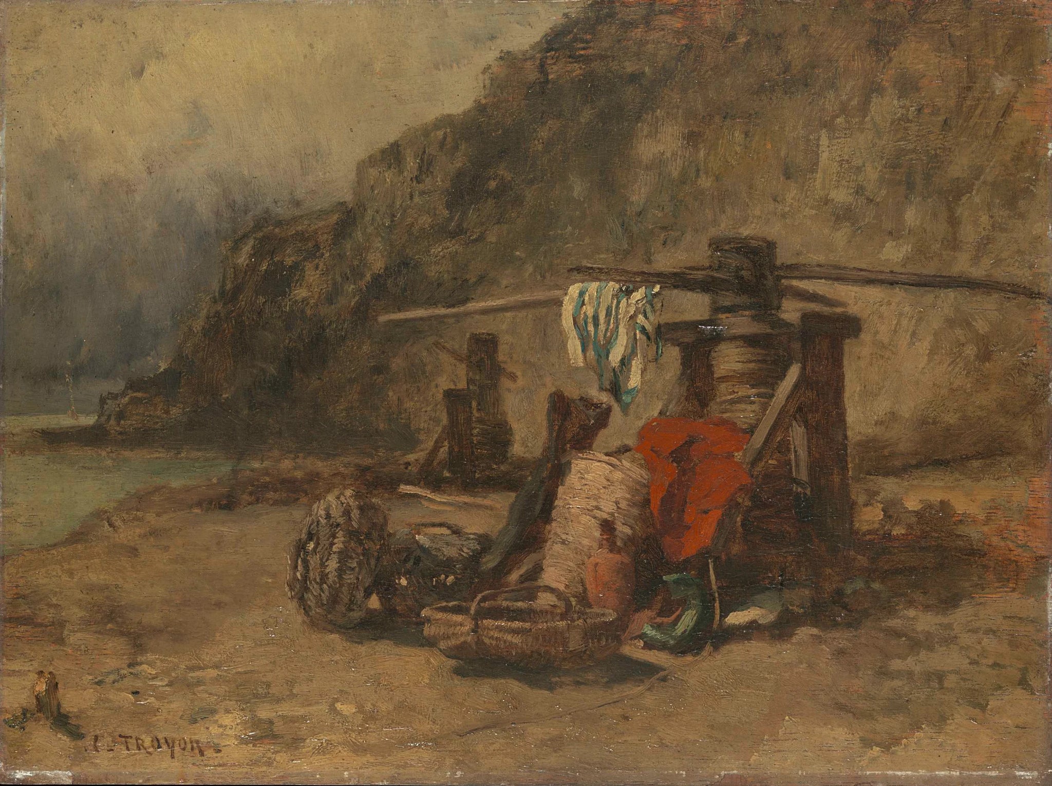 Scène de plage avec cabestans - Constant Troyon
