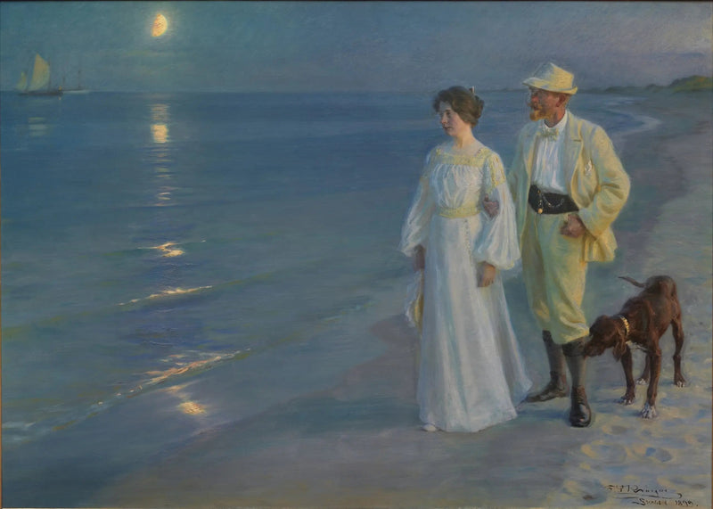 スカゲンのビーチでの夏の夕暮れ – アーティストとその妻 – ペダー・セヴェリン・クローイェ