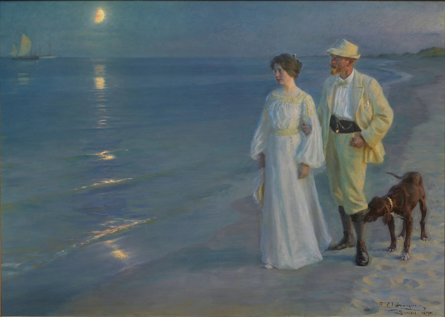 スカゲンのビーチでの夏の夕暮れ – アーティストとその妻 – ペダー・セヴェリン・クローイェ