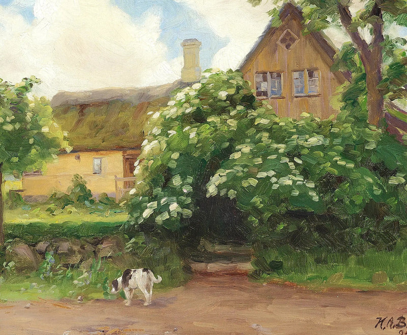 麦わら屋根の農場の入り口にいる花咲くスルーと犬。 - H. A. Brendekilde

Source:
Sureaux en fleurs et chien à l'entrée d'une ferme au toit de chaume. - H. A. Brendekilde