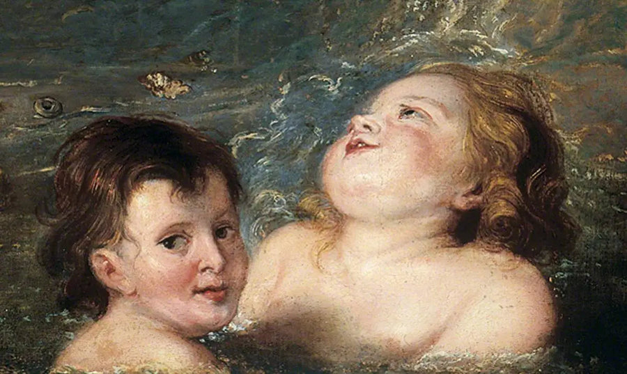 海で遊ぶ二人の子供の頭部 - ピーテル・パウル・ルーベンス