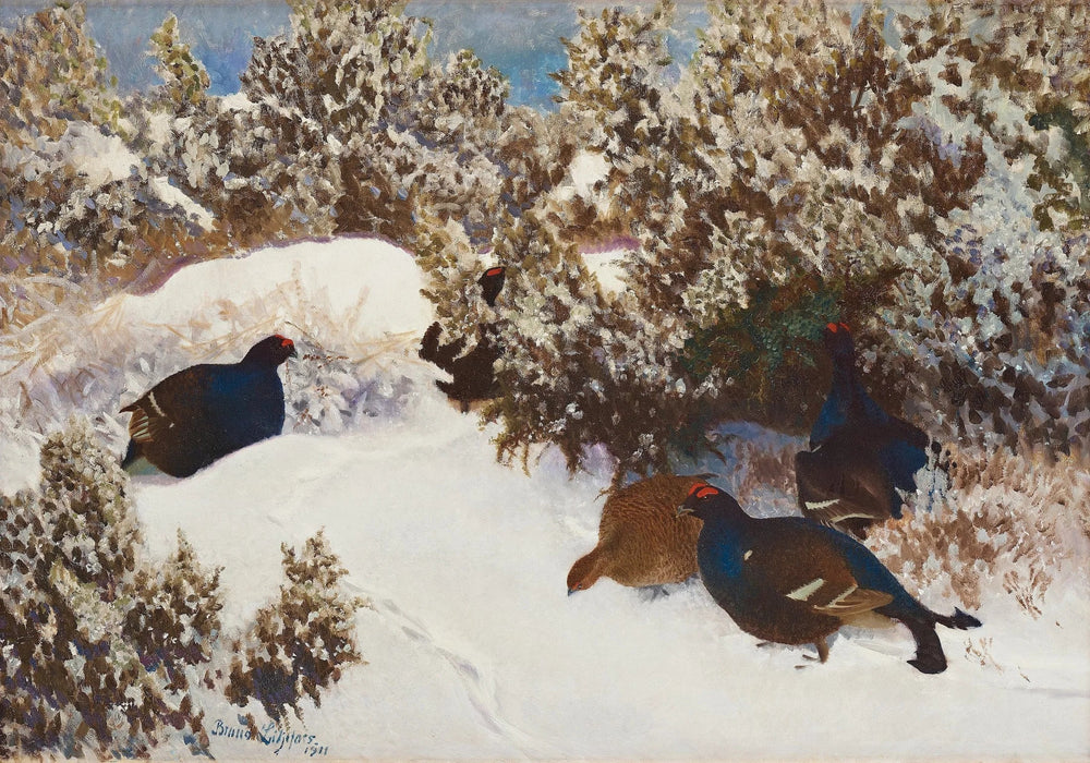 Tétras lyre dans un paysage hivernal - Bruno Liljefors image 1 copie peinte à la main à l’huile