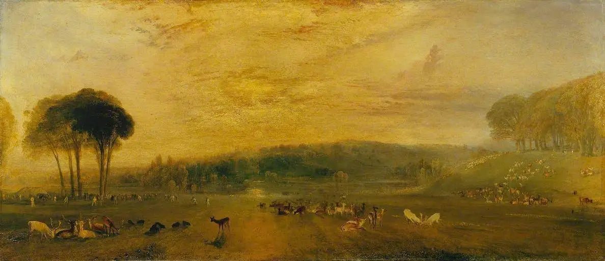 The Lake, Petworth: Sunset, Fighting Bucks - J. M. W. Turner image 1 reproduction artisanale de tableau