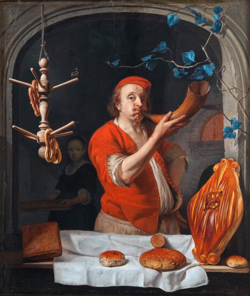 Un boulanger qui souffle dans sa corne - Gabriel Metsu image 1 copie de tableau peinte à la main