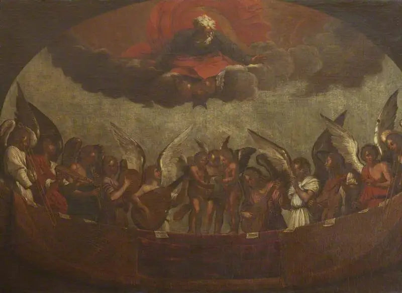 神父とともに天上で歌い楽器を奏でる天使の合唱団 - Guido Reni