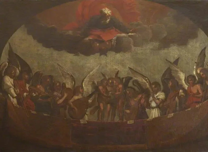神父とともに天上で歌い楽器を奏でる天使の合唱団 - Guido Reni