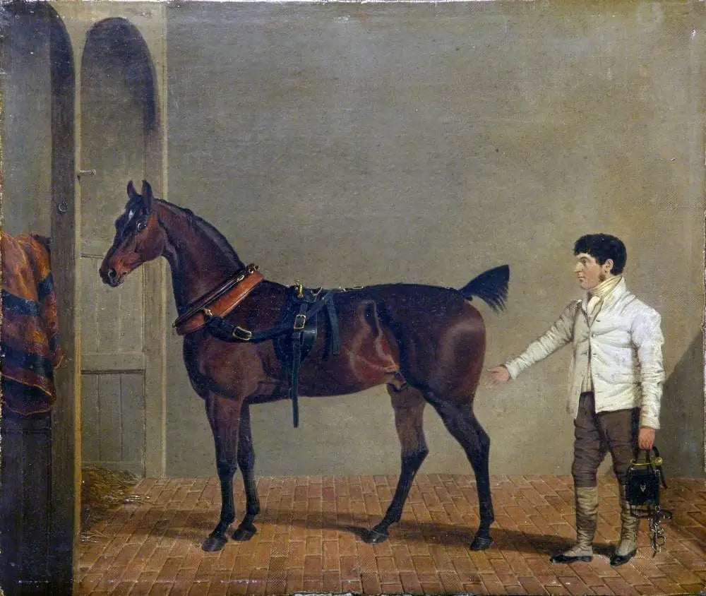 Un cheval de calèche attelé, avec un palefrenier, dans une écurie - John Frederick Herring, Sr. image 1 copie peinte à la main à l’huile