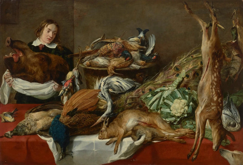 Un garçon dans un garde-manger tenant une tête de sanglier, avec des faisans, des paons, des cailles, des lapins, une biche, des choux-fleurs et des artichauts sur une table - Frans Snyders