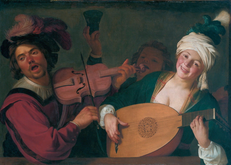 バルコニーの後ろでバイオリンとリュート奏者とともに陽気なグループ - Gerrit van Honthorst