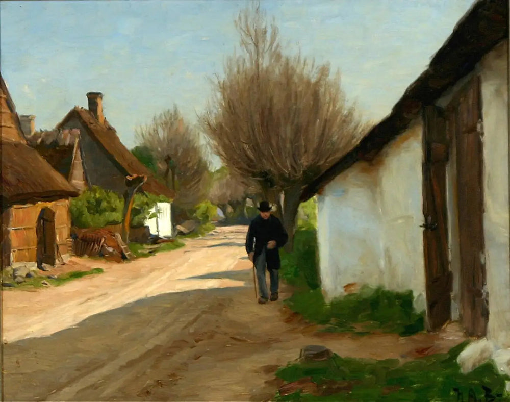 Un homme âgé se promène dans le village. - H. A. Brendekilde image 1 reproduction d’œuvre d’art à l’huile