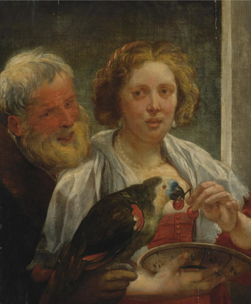 Un homme barbu et une femme avec un perroquet : « Amour non partagé » - Jacob Jordaens