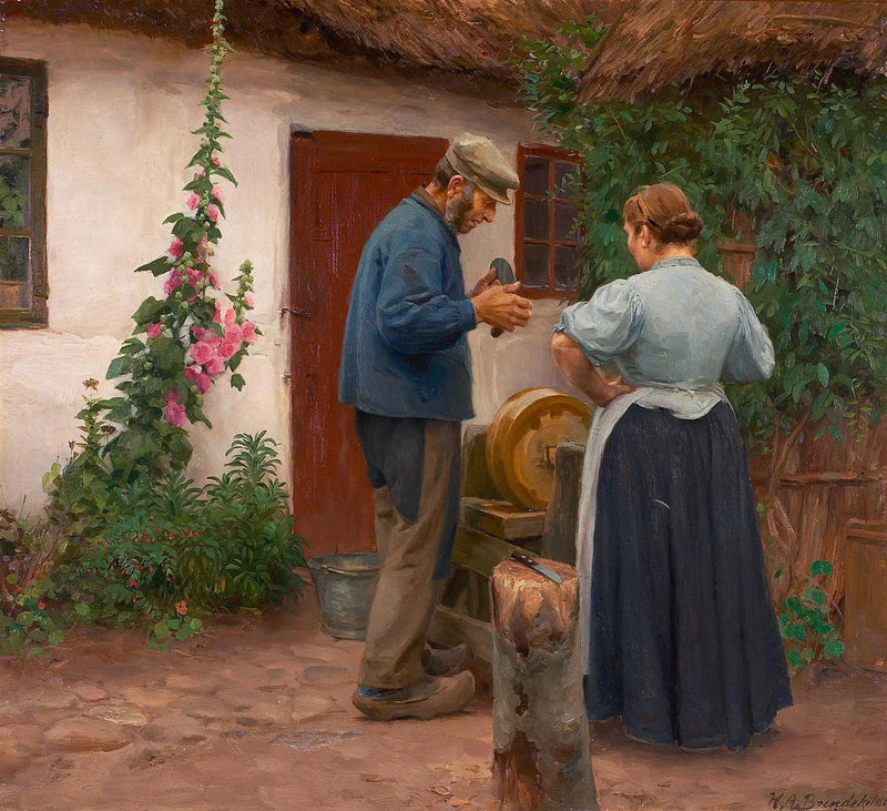 男と女が砥石の前に立っている。 - H. A. Brendekilde

Source:
Un homme et une femme devant une pierre à aiguiser. - H. A. Brendekilde