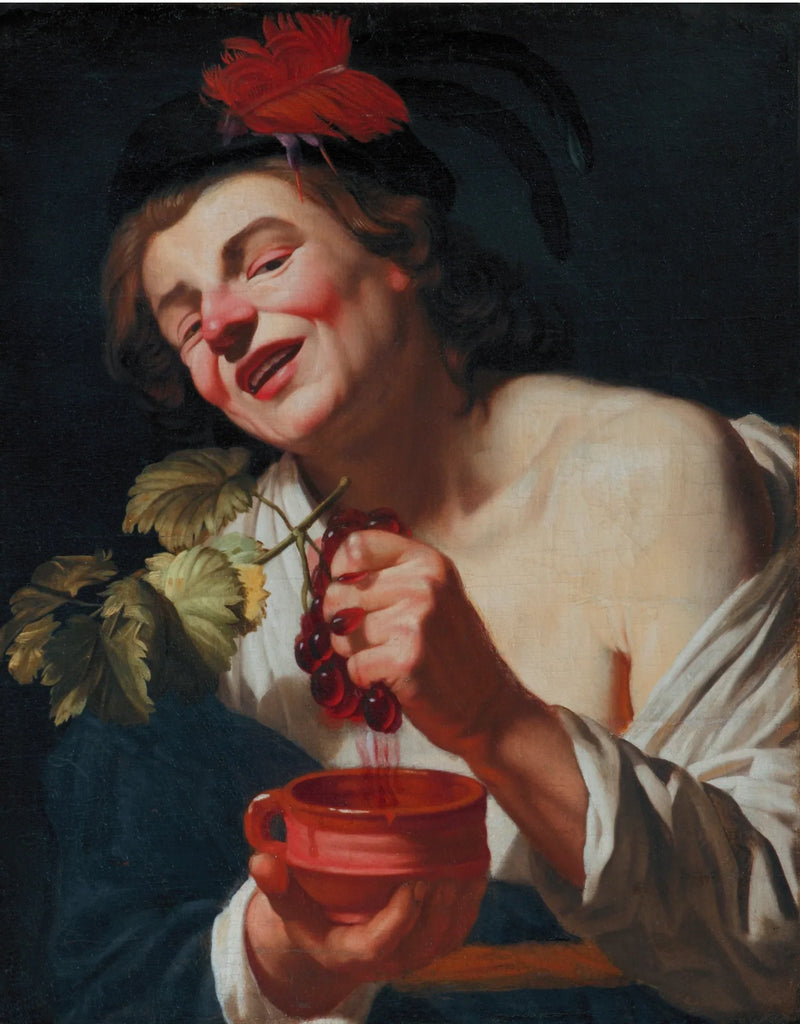 若い男性がぶどうをつぶしている様子（味覚の寓意？） - Gerrit van Honthorst