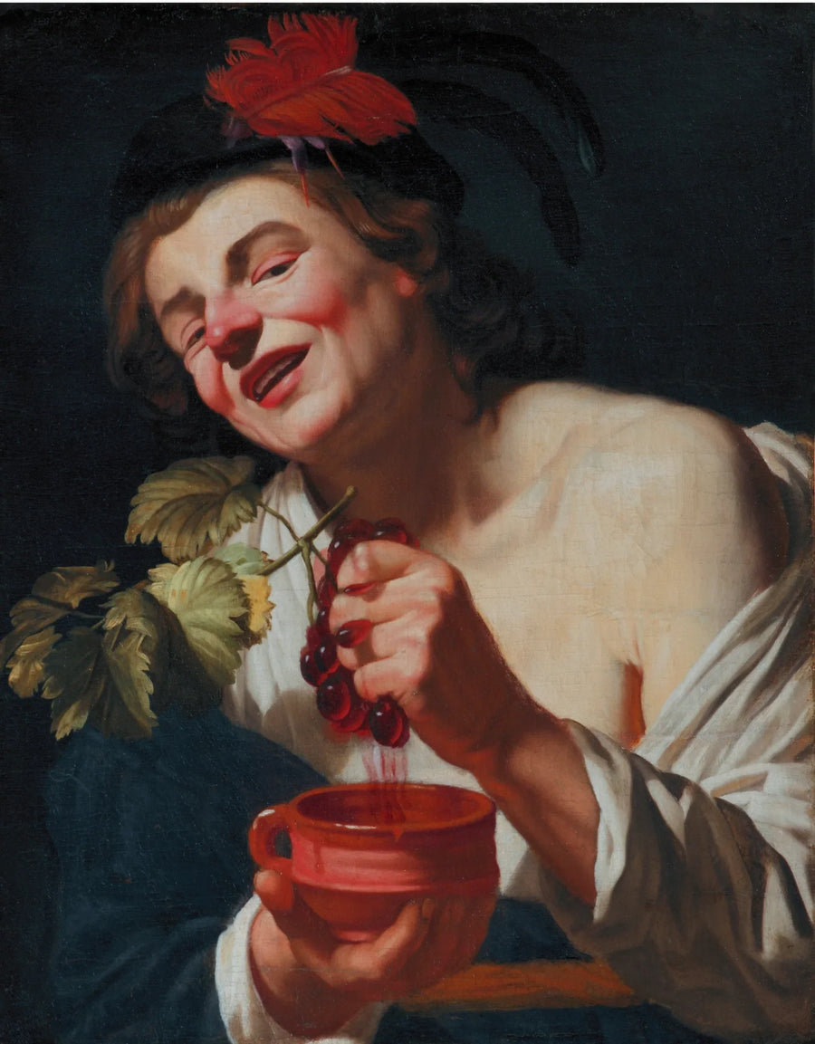 若い男性がぶどうをつぶしている様子（味覚の寓意？） - Gerrit van Honthorst