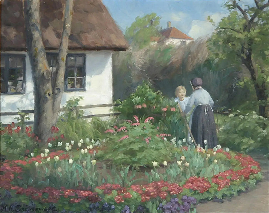 夏の庭の日。二人の女性が門の前で話している。 - H. A. ブレンデキルデ

Source:
Un jour d'été au jardin. Deux femmes discutent devant le portail. - H. A. Brendekilde