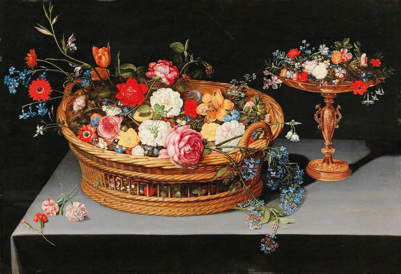 Un panier de fleurs mélangées avec une tasse à proximité - Jan Brueghel le Jeune