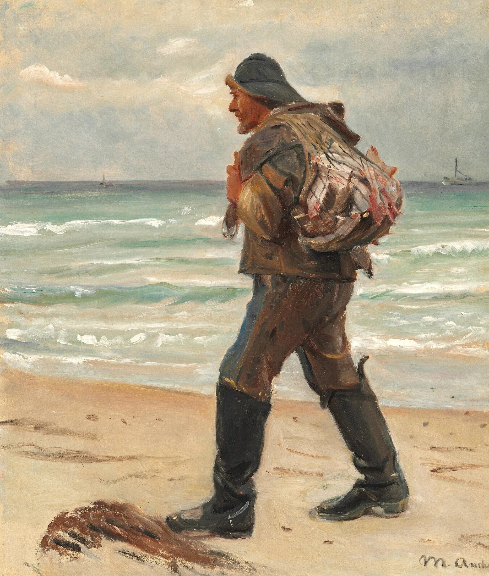 Un pêcheur sur la plage de Skagen transporte sa pêche du jour sur son dos. - Michael Peter Ancher image 1 reproduction d’œuvre d’art à l’huile